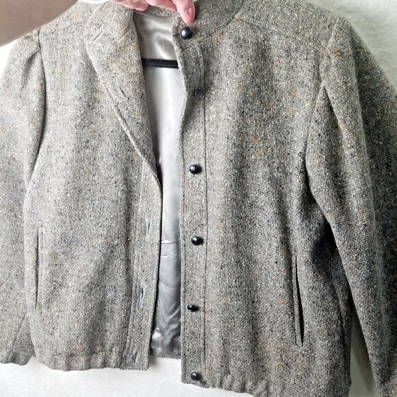 Vintage Larry Levine heather tweed bomber jacket button pockets women's 10-12 - Picture 4 of 16